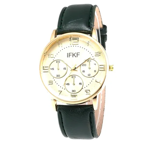 Men Business Casual Fashion Quartz Watch Golden Alloy Case Faux Leather Band Three Eye Dial Arabic Numerals Analog Wristwatch Gift