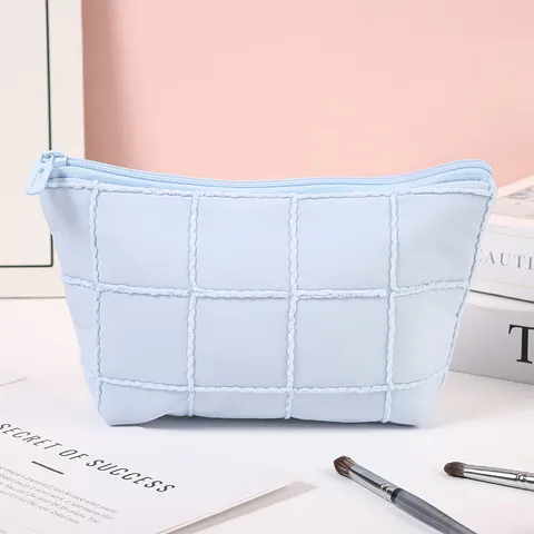 Large Capacity Quilted Pongee Grid Makeup Bag Portable Travel Toiletry Bag Soft Macaron Color Storage Pouch For Women