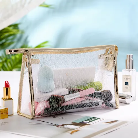 Women's Transparent TPU Mesh Makeup Bag Square Gold Wire Sequins Toiletry Storage Pouch Cosmetic Wash Bag Zipper Travel Organizer