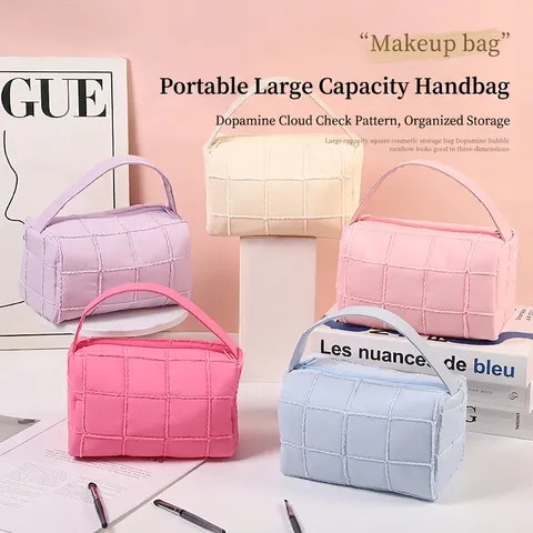 Borsa da Trucco Trapuntata in Stile Ins Grande Capacità Organizzatore da Viaggio Portatile in Pongee a Griglia per Donna
