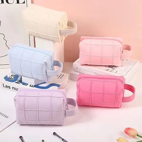 Gesteppte Karo Kosmetiktasche Große Kapazität Tragbare Kulturbeutel Organizer Tasche Mit Seitlichem Griff Für Reisen Zuhause Damen