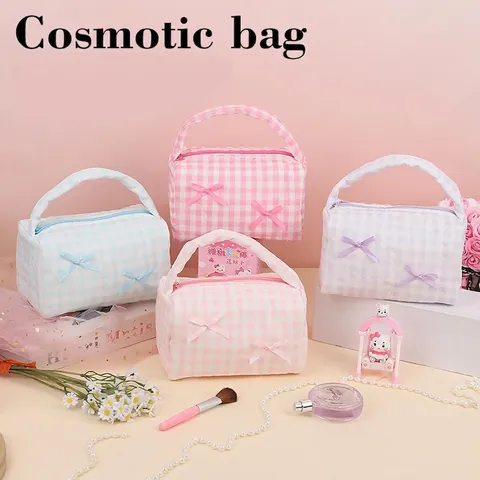 Bolsa de Cosméticos Acolchada a Cuadros con Lazo Gran Capacidad Portátil Neceser para Mujeres Viaje Asa Cremallera