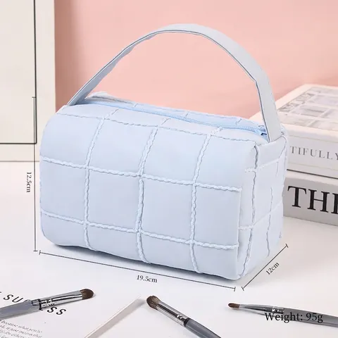 Borsa da Trucco Trapuntata in Stile Ins Grande Capacità Organizzatore da Viaggio Portatile in Pongee a Griglia per Donna