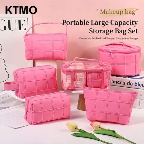 Quilted Polyester Large Capacity Cosmetic Bag Portable Travel Toiletry Makeup Organizer For Women Daily Home Storage Case