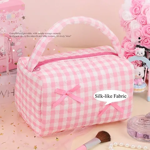 Bolsa de Cosméticos Acolchada a Cuadros con Lazo Gran Capacidad Portátil Neceser para Mujeres Viaje Asa Cremallera