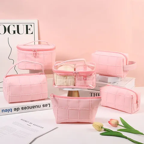 Quilted Polyester Large Capacity Cosmetic Bag Portable Travel Toiletry Makeup Organizer For Women Daily Home Storage Case