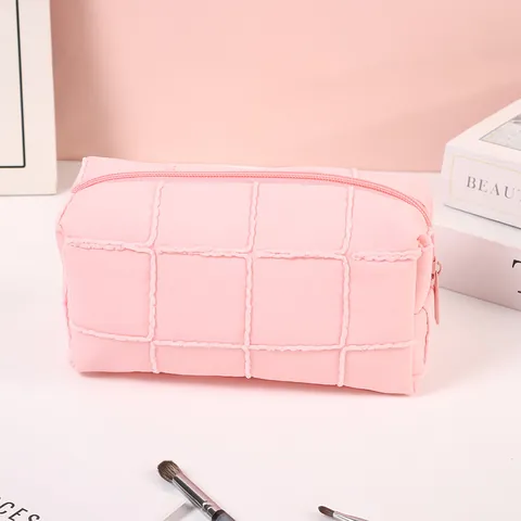 Large Capacity Quilted Polyester Makeup Bag Women Portable Travel Toiletry Organizer Zipper Macaron Solid Color Cosmetic Case
