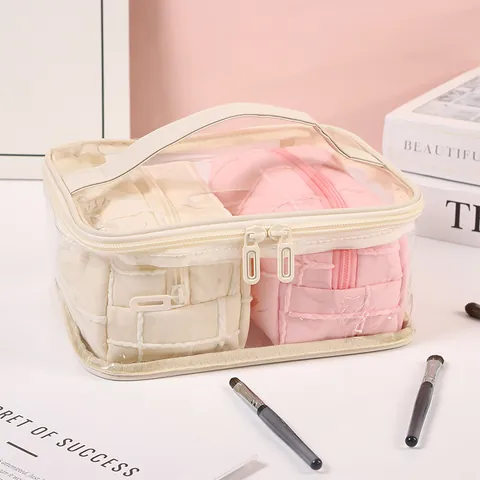 Large Capacity Transparent Waterproof Makeup Bag And Quilted Inner Bags Travel Toiletry Cosmetic Storage Bag Set For Women
