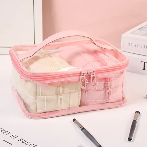 Large Capacity Transparent Waterproof Makeup Bag And Quilted Inner Bags Travel Toiletry Cosmetic Storage Bag Set For Women