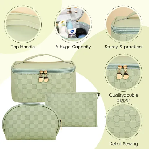 Checkerboard Pattern Makeup Bag Large Capacity Waterproof PU Leather Cosmetic Storage Bag Portable Travel Toiletry Organizer