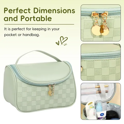 Checkerboard Pattern Makeup Bag Large Capacity Waterproof PU Leather Cosmetic Storage Bag Portable Travel Toiletry Organizer