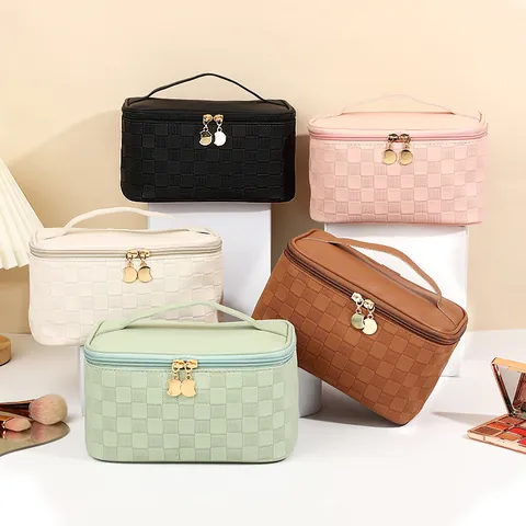 Bolsa de Maquillaje de Tablero de Ajedrez Gran Capacidad Impermeable Cuero PU Portátil Viaje Organizador de Aseo Mujer Moda