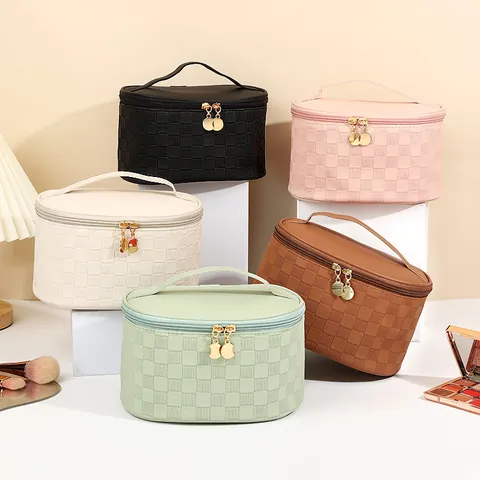 Bolsa de Maquillaje de Tablero de Ajedrez Gran Capacidad Impermeable Cuero PU Portátil Viaje Organizador de Aseo Mujer Moda
