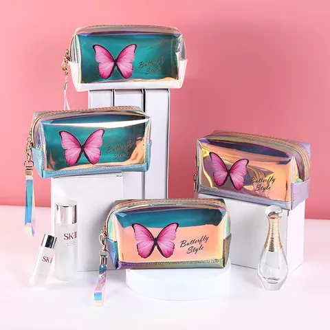 Bolsa de Cosméticos de Mariposa Holográfica Lentejuelas de Moda PU Organizador de Almacenamiento de Aseo Portátil para Mujer