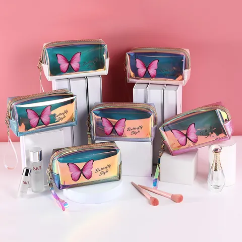 Bolsa de Cosméticos de Mariposa Holográfica Lentejuelas de Moda PU Organizador de Almacenamiento de Aseo Portátil para Mujer