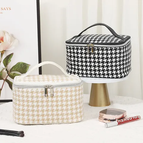 Large Capacity Tweed Canvas Makeup Bag Portable Toiletry Organizer Handheld Cosmetic Case Double Zipper Travel Pouch For Women Daily Storage