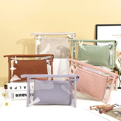 Damen Tragbare Transparente PVC Kosmetiktasche Mit PU Leder Schachbrettmuster Gewebte Innentasche Wasserdichte Reise Kulturbeutel