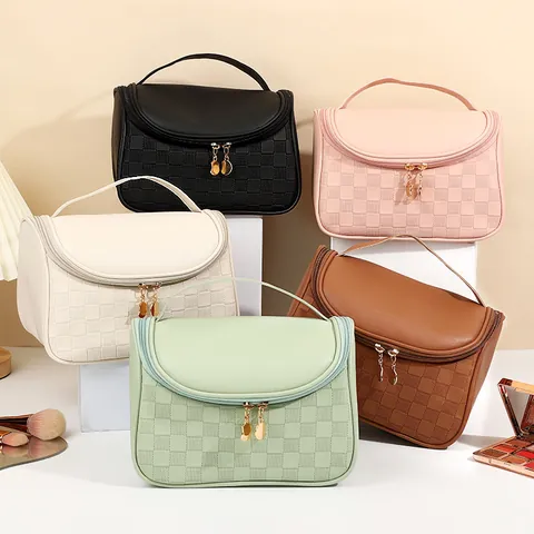 Sac à Maquillage Portable en Cuir PU Grande Capacité Motif à Carreaux Tissé Organisateur de Toilette de Voyage avec Double Fermeture Éclair pour Femme
