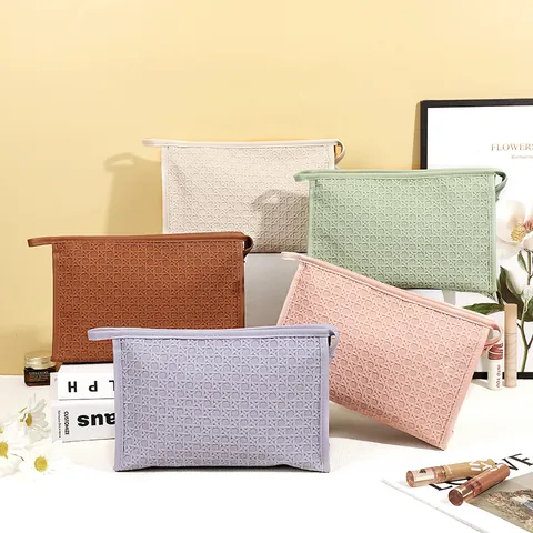 Minimalist PU Leather Large Capacity Cosmetic Bag Checkerboard Woven Texture Travel Toiletry Wash Organizer Bag For Women Makeup Storage