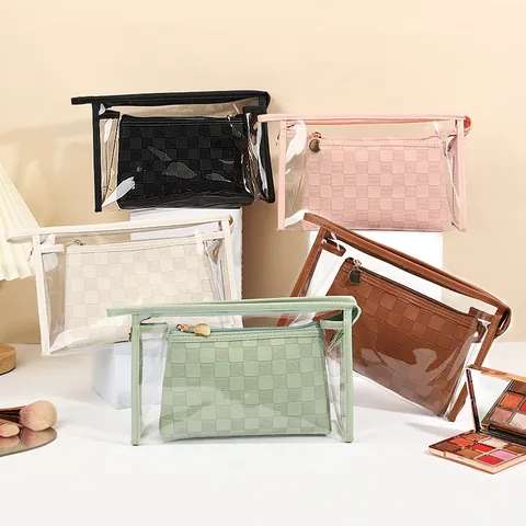 Damen Tragbare Transparente PVC Kosmetiktasche Mit PU Leder Schachbrettmuster Gewebte Innentasche Wasserdichte Reise Kulturbeutel