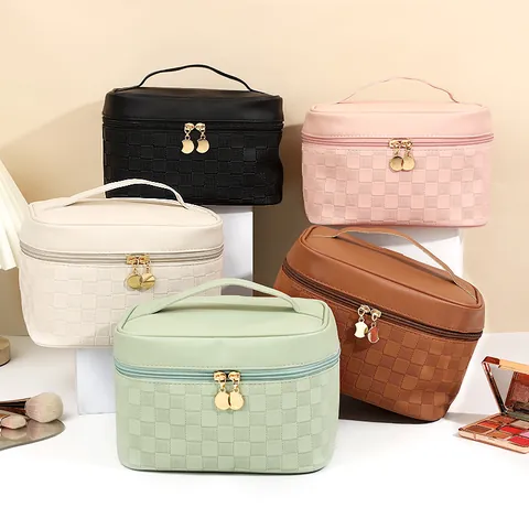 Große Kapazität PU Leder Kosmetiktasche Für Damen Tragbare Reise Toilettenartikel Organisator Reißverschluss Schachbrettmuster Handtasche