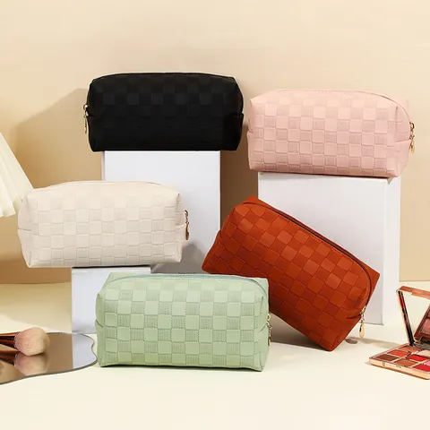 Bolsa de Cosméticos de Cuero PU Minimalista Impermeable Organizador de Aseo Portátil de Viaje Patrón de Cuadros Tejidos