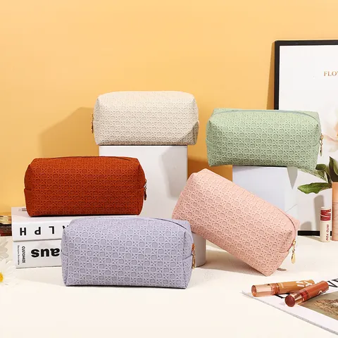 Bolsa de Cosméticos de Cuero PU Minimalista Impermeable Organizador de Aseo Portátil de Viaje Patrón de Cuadros Tejidos