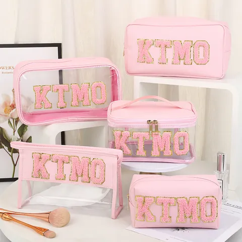 Large Capacity Portable Cosmetic Bag Waterproof PU Leather Travel Toiletry Wash Bag Transparent Chenille Letter Patch Storage Bag