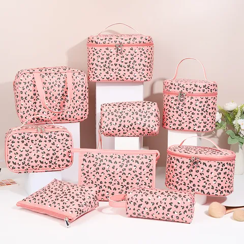 Women Pink Leopard Print PU Leather Makeup Bag Waterproof Large Capacity Cosmetic Storage Bag Portable Travel Toiletry Organizer
