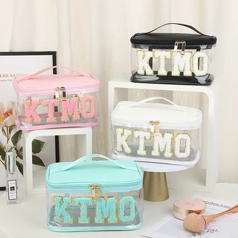 Large Capacity Portable Cosmetic Bag Waterproof PU Leather Travel Toiletry Wash Bag Transparent Chenille Letter Patch Storage Bag