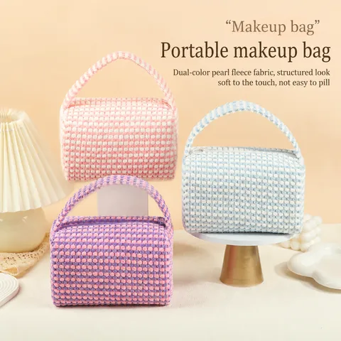 Bicolor Checkered Textured Makeup Bag Bicolor Artificial Pearl Fleece Large Capacity Travel Toiletry Organizer Handheld Cosmetic Pouch For Women