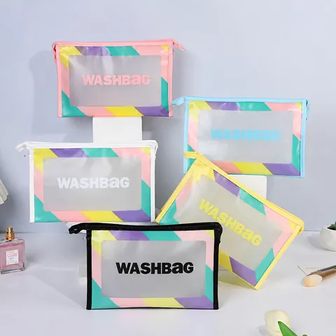 Waterproof Frosted PVC Makeup Bag Large Capacity Toiletry Washbag Travel Portable Macaron Color Rainbow Striped For Women