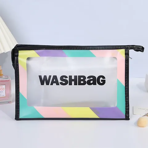 Waterproof Frosted PVC Makeup Bag Large Capacity Toiletry Washbag Travel Portable Macaron Color Rainbow Striped For Women