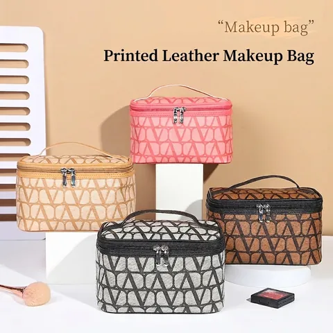 Tragbare PU Leder Große Kapazität Kosmetiktasche Geometrisches V Muster Reise Make-up Organizer Tasche Für Damen Reißverschluss