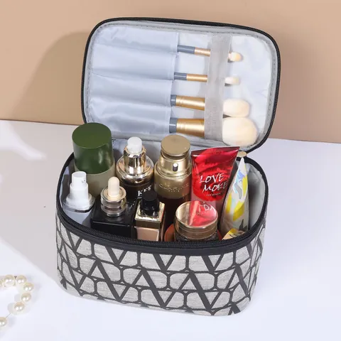 Tragbare PU Leder Große Kapazität Kosmetiktasche Geometrisches V Muster Reise Make-up Organizer Tasche Für Damen Reißverschluss