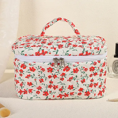 Pongee Baumwolle Gesteppt Blumen Kosmetiktasche Große Kapazität Reise Kulturbeutel Mit Griff Und Doppelreißverschluss Für Damen