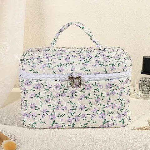 Pongee Baumwolle Gesteppt Blumen Kosmetiktasche Große Kapazität Reise Kulturbeutel Mit Griff Und Doppelreißverschluss Für Damen
