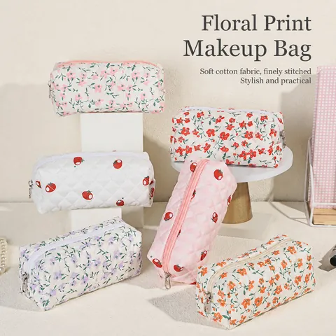 Quilted Pongee Cotton Makeup Bag Floral Persimmon Print Portable Travel Toiletry Organizer Sweet Stationery Pencil Case Women Storage Pouch