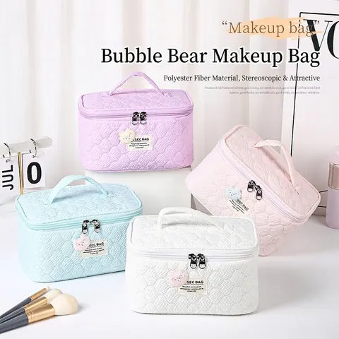 Gesteppte Bär Kosmetiktasche Große Kapazität Blasenstruktur Reise Kulturbeutel Handheld Make-up Organizer Für Damen