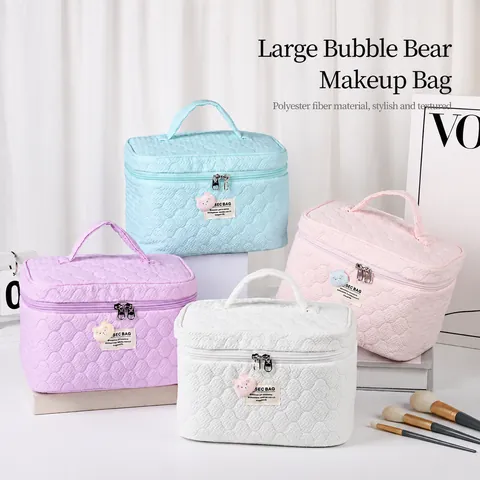 Large Quilted Bubble Bear Makeup Bag Polyester Portable Travel Toiletry Organizer Handheld Cosmetic Storage Case For Women