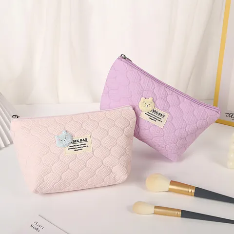 Quilted Bubble Bear Cosmetic Bag Polyester Portable Makeup Storage Pouch Travel Toiletry Organizer For Women Girls