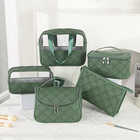 Vintage Floral Embossed PU Leather Makeup Bag Large Capacity Travel Toiletry Bag Portable Handheld Cosmetic Organizer For Women