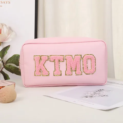 Women Portable PU Leather Makeup Bag With Chenille Letter Patch Large Capacity Travel Toiletry Organizer Zipper Storage Pouch