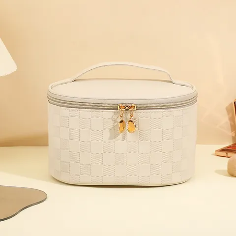 PU Leather Makeup Bag Waterproof Portable Toiletry Organizer Checkerboard Pattern Double Zipper Travel Case For Women