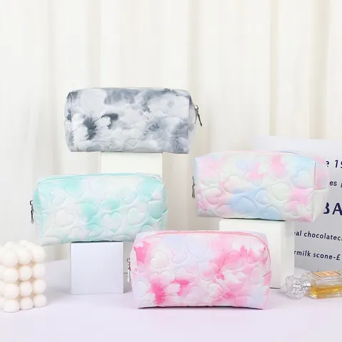 Heart Quilted Tie Dye PU Leather Large Capacity Makeup Bag Portable Travel Toiletry Organizer Wash Bag For Women