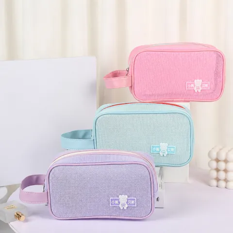 Portable Mesh Toiletry Bag Large Capacity Double Layer Sandwich Mesh Makeup Organizer With Handle Bear Patch Zipper Travel Wash Bag For Women