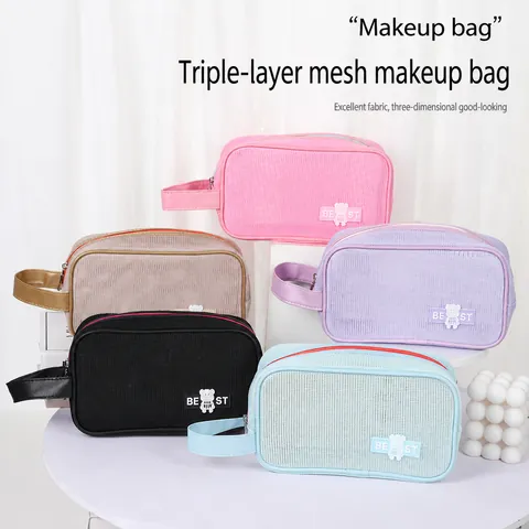 Portable Mesh Toiletry Bag Large Capacity Double Layer Sandwich Mesh Makeup Organizer With Handle Bear Patch Zipper Travel Wash Bag For Women