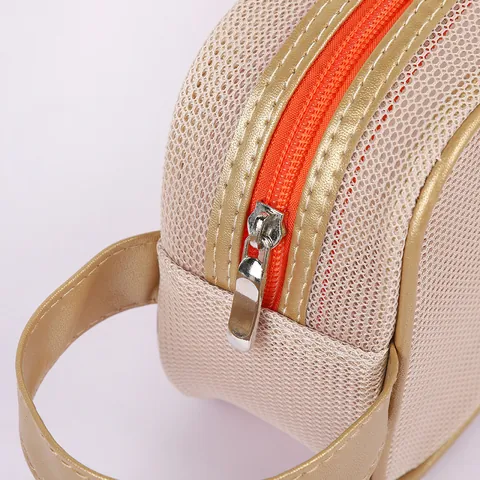Portable Mesh Toiletry Bag Large Capacity Double Layer Sandwich Mesh Makeup Organizer With Handle Bear Patch Zipper Travel Wash Bag For Women