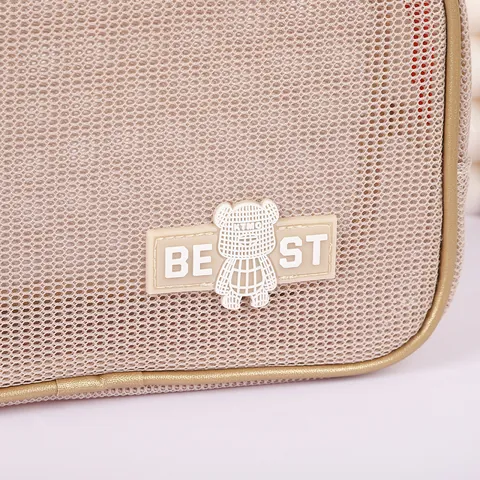 Portable Mesh Toiletry Bag Large Capacity Double Layer Sandwich Mesh Makeup Organizer With Handle Bear Patch Zipper Travel Wash Bag For Women