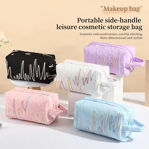Large Capacity Bubble Makeup Bag With Colorful Wave Embroidery Portable Toiletry Organizer For Women Travel Wash Storage Case